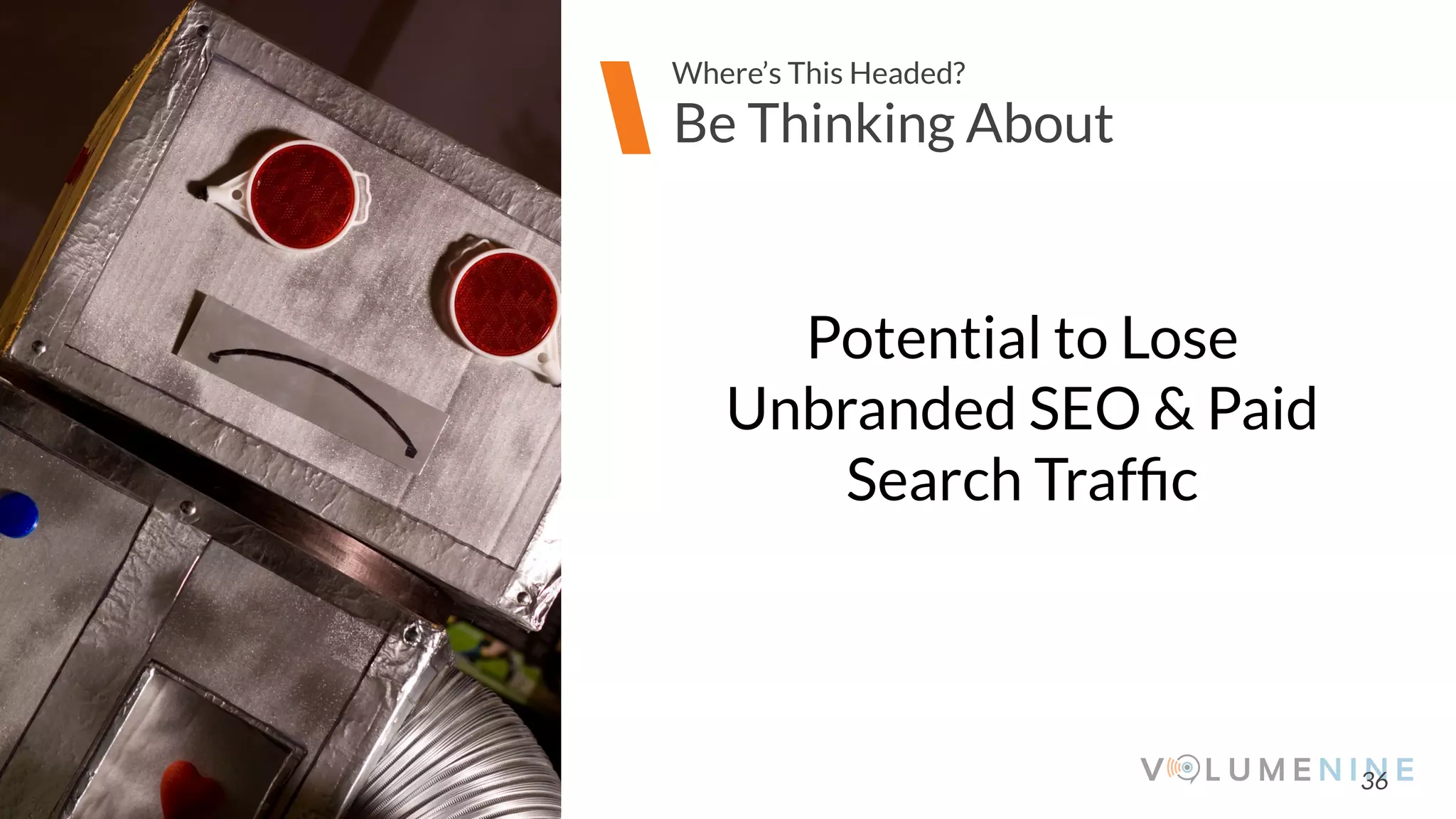 Image goes here
370 x 540 pixels
36
Be Thinking About
Where’s This Headed?
Potential to Lose
Unbranded SEO & Paid
Search Trafﬁc
 