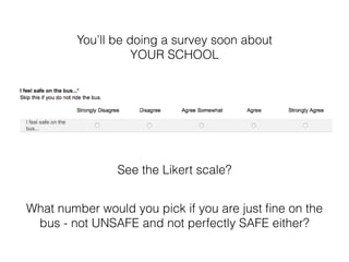 You’ll be doing a survey soon about 
YOUR SCHOOL 
See the Likert scale? 
What number would you pick if you are just fine on the 
bus - not UNSAFE and not perfectly SAFE either? 
 