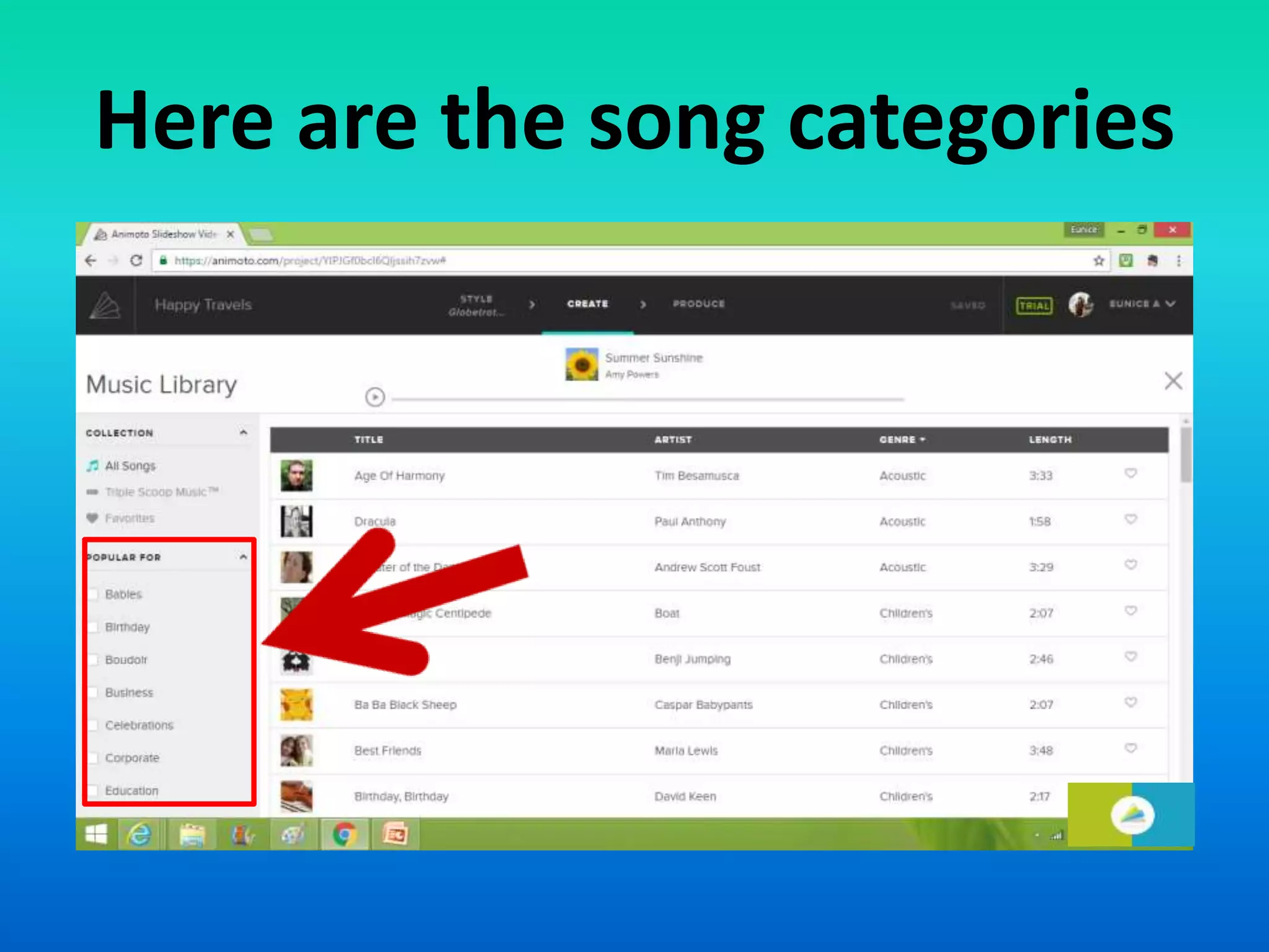 Here are the song categories
 