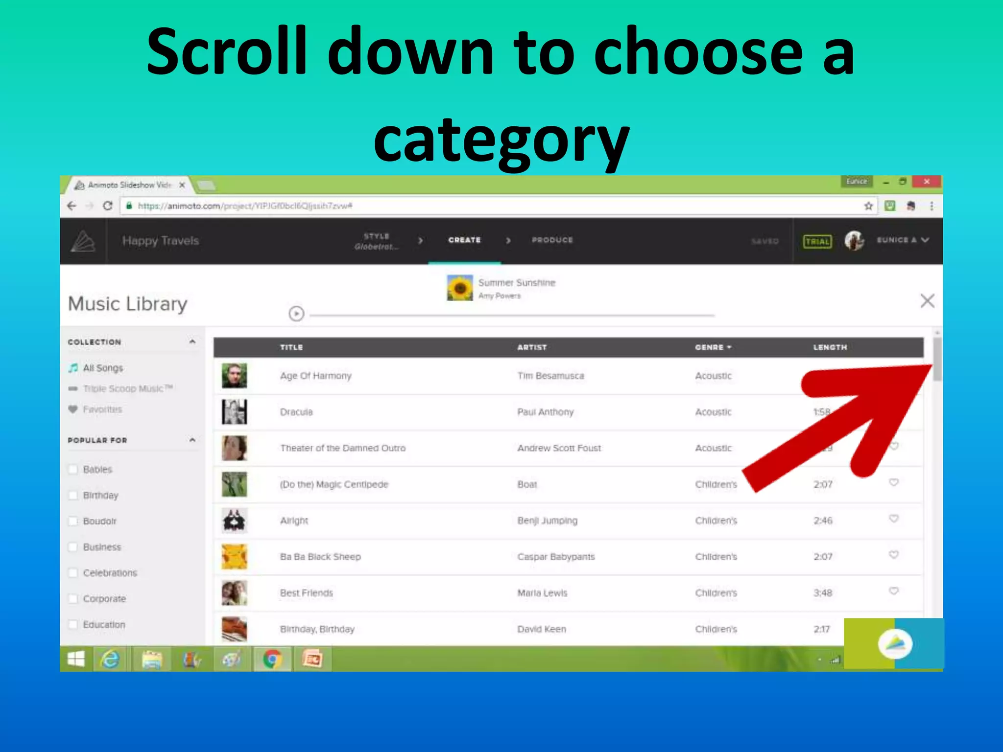 Scroll down to choose a
category
 
