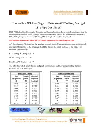 How to Use API Ring Gage to Measure API Tubing, Casing &
Line Pipe Couplings?
FYOU PMEC , One Stop Shopping for Threading and Gauging Solutions. The premier leader in providing the
highest quality of API Oil Country Gauges, including API Working Gauges, API Master Gauges. But How to
USE API Plug Gauges to Measure API Tubing &API Casing & API Line Pipe Couplings?
Any question and request about the API Gauges Please contact: edwin@szfyou.com
API Specification 5B states that the required nominal standoff between the ring gage and the small
end face of the pipe is 0, the ring gage should be flush to the small end face of the pipe. The
tolerance on standoff is:
8TPI Tubing & Casing = ± 1P
10TPI Tubing = ± 1‐1/2P
Line Pipe (All Pitches) = ± 1P
The table below lists all of the size and pitch combinations and their corresponding standoff
tolerance for each thread type
Non‐Upset Tubing
Size
Designation
D
Threads
per in.
TPI
± Standoff
Tolerance
(Decimal)
1.050 10 0.1500
1.315 10 0.1500
1.660 10 0.1500
1.900 10 0.1500
2‐3/8 10 0.1500
2‐7/8 10 0.1500
3‐1/2 10 0.1500
4 8 0.1250
4‐1/2 8 0.1250
External‐Upset Tubing
Size
Designation
D
Threads
per in.
TPI
± Standoff
Tolerance
(Decimal)
1.050 10 0.1500
1.315 10 0.1500
1.660 10 0.1500
1.900 10 0.1500
2‐3/8 8 0.1250
2‐7/8 8 0.1250
3‐1/2 8 0.1250
4 8 0.1250
4‐1/2 8 0.1250
 