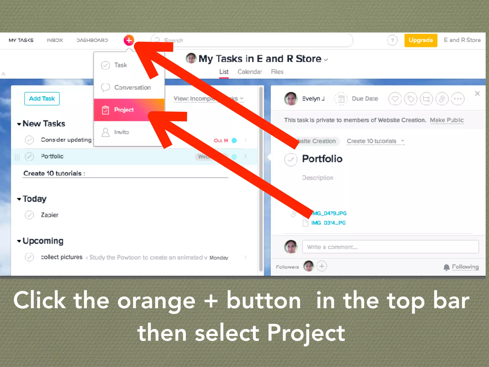 Click the orange + button in the top bar
then select Project
 