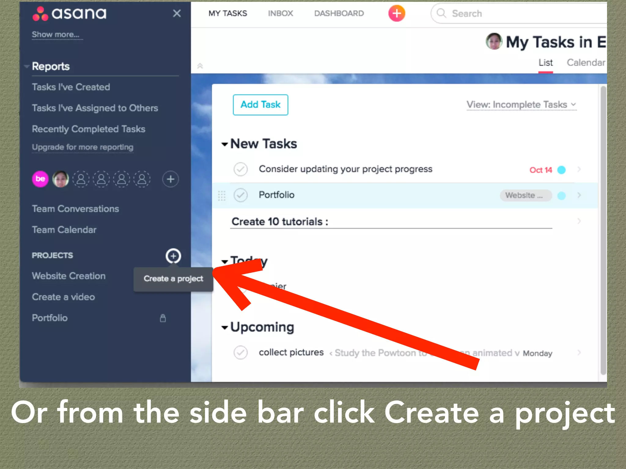 Or from the side bar click Create a project
 