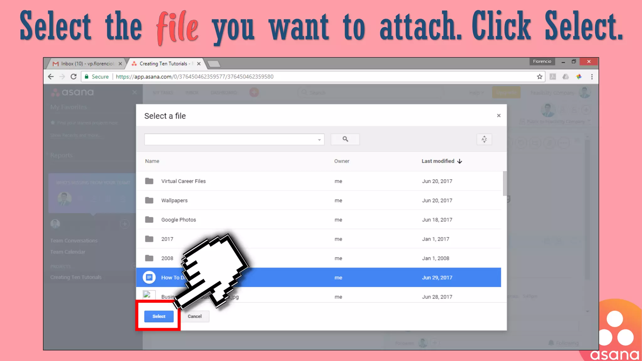 Select the you want to attach. Click Select.
 