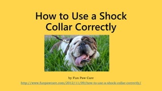 How to Use a Shock
Collar Correctly
by Fun Paw Care
http://www.funpawcare.com/2012/11/09/how-to-use-a-shock-collar-correctly/
 