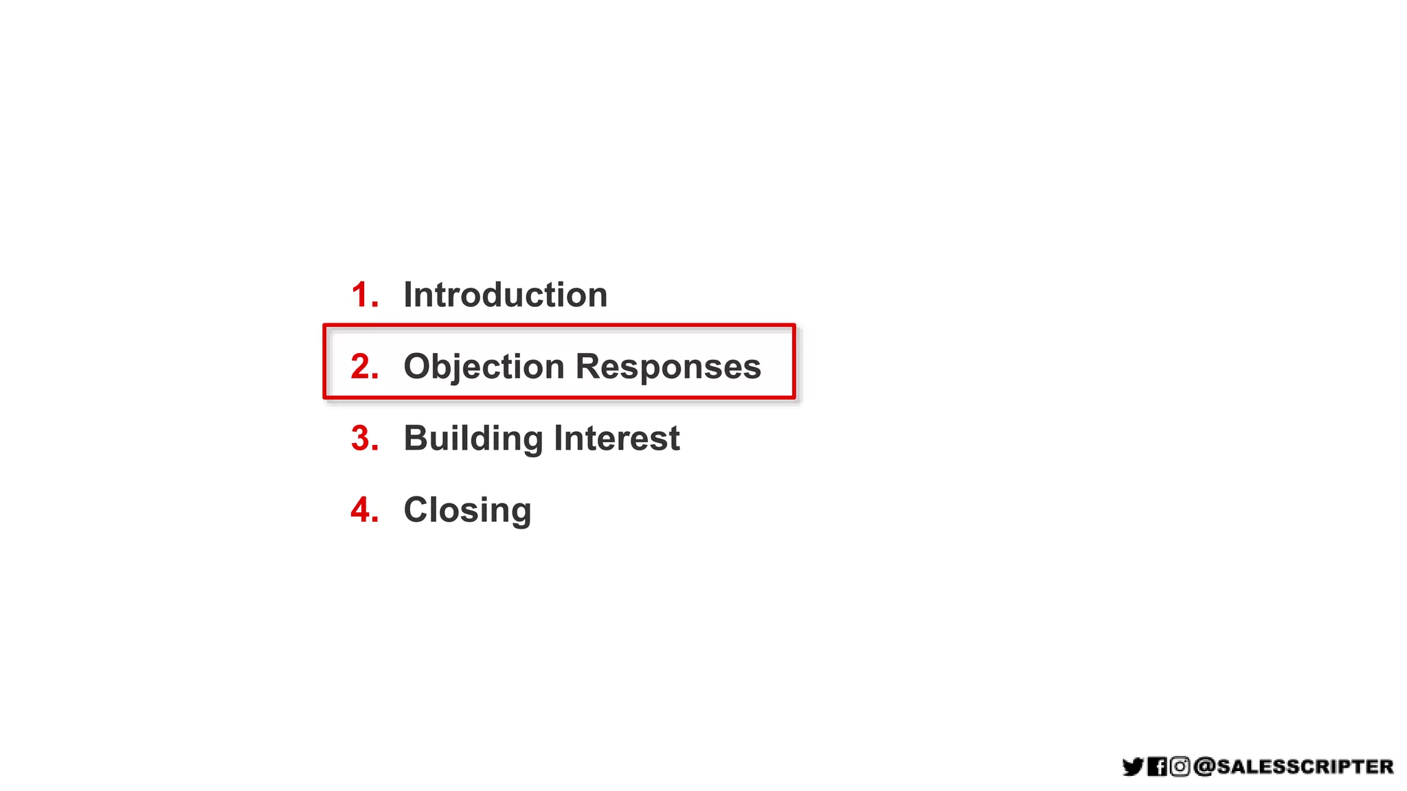 1. Introduction
2. Objection Responses
3. Building Interest
4. Closing
 