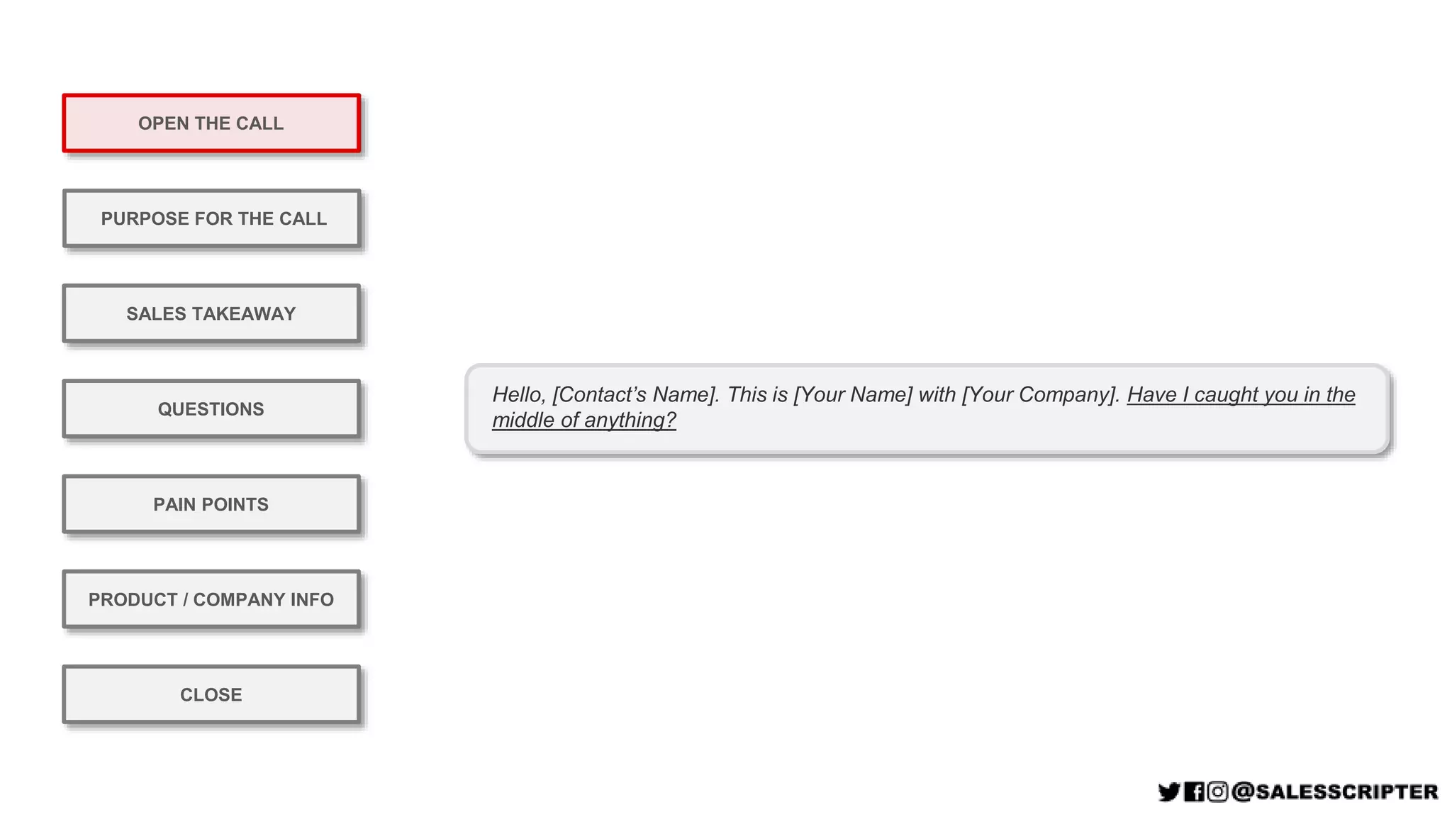 OPEN THE CALL
PURPOSE FOR THE CALL
QUESTIONS
PRODUCT / COMPANY INFO
CLOSE
SALES TAKEAWAY
PAIN POINTS
Hello, [Contact’s Name]. This is [Your Name] with [Your Company]. Have I caught you in the
middle of anything?
OPEN THE CALL
 