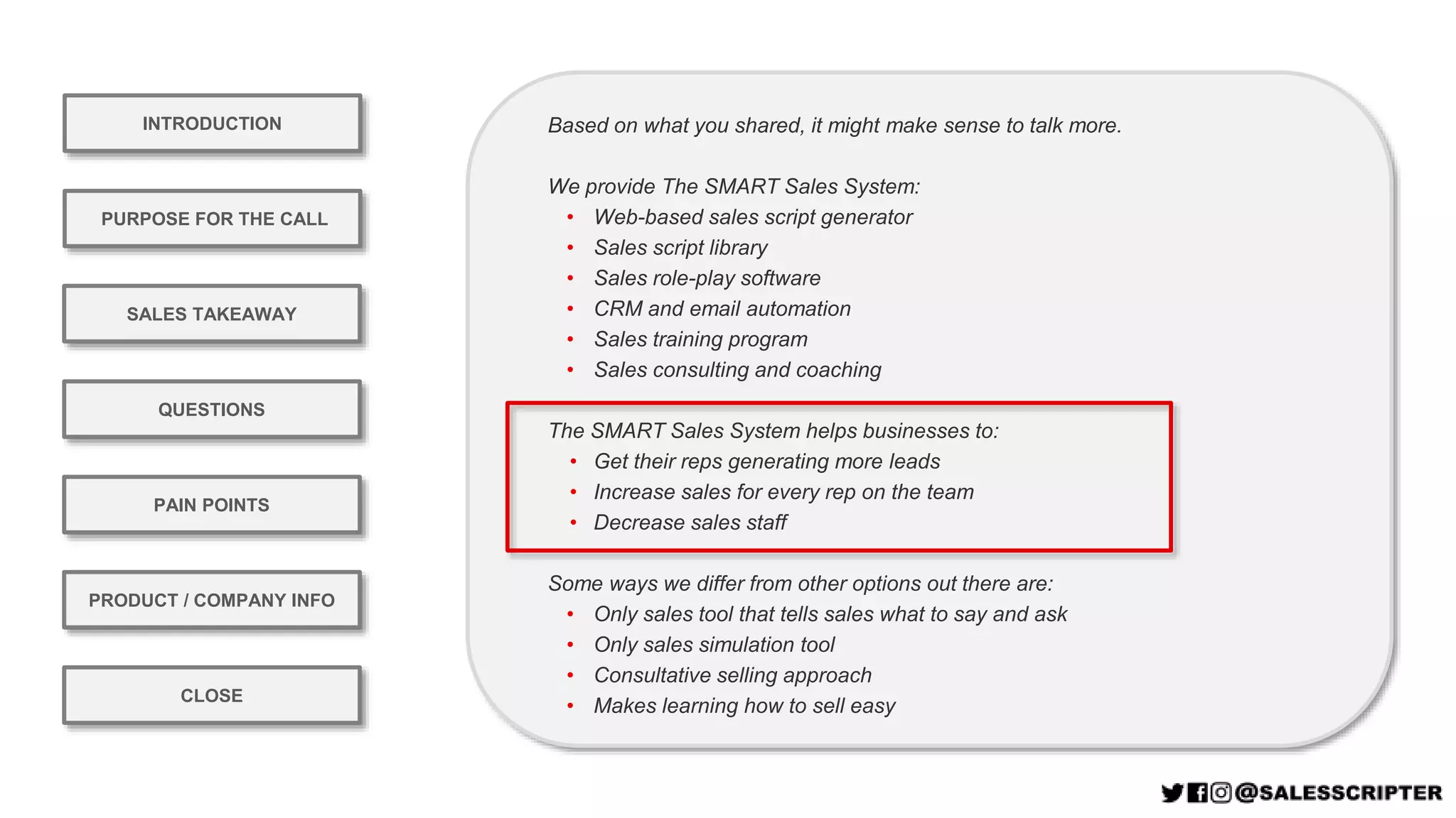 Based on what you shared, it might make sense to talk more.
We provide The SMART Sales System:
• Web-based sales script generator
• Sales script library
• Sales role-play software
• CRM and email automation
• Sales training program
• Sales consulting and coaching
The SMART Sales System helps businesses to:
• Get their reps generating more leads
• Increase sales for every rep on the team
• Decrease sales staff
Some ways we differ from other options out there are:
• Only sales tool that tells sales what to say and ask
• Only sales simulation tool
• Consultative selling approach
• Makes learning how to sell easy
INTRODUCTION
PURPOSE FOR THE CALL
QUESTIONS
PRODUCT / COMPANY INFO
CLOSE
SALES TAKEAWAY
PAIN POINTS
PRODUCT / COMPANY INFO
 