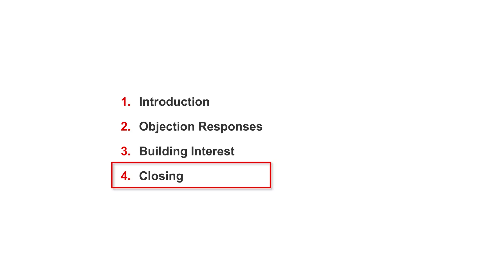 1. Introduction
2. Objection Responses
3. Building Interest
4. Closing
 