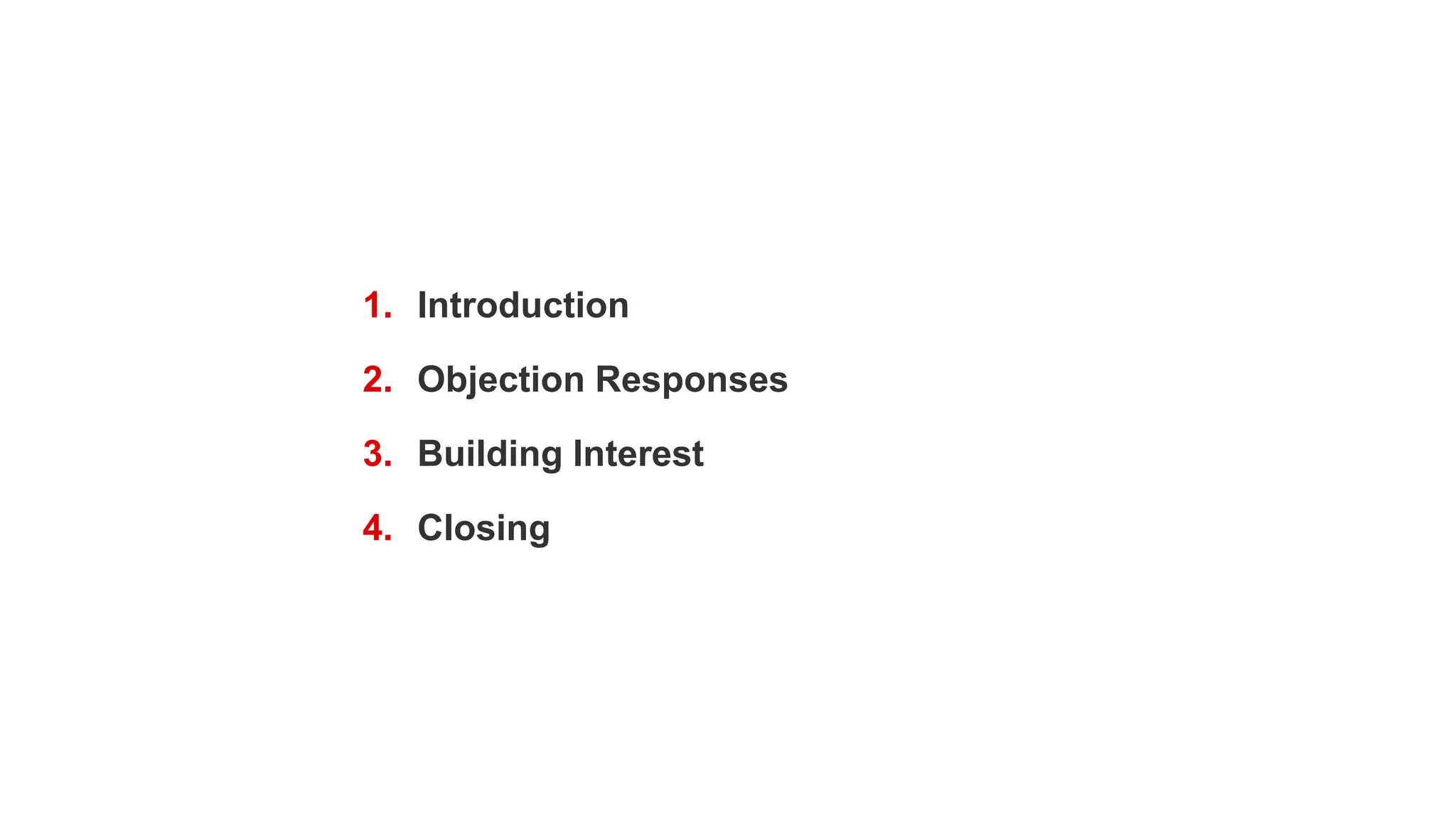 1. Introduction
2. Objection Responses
3. Building Interest
4. Closing
 