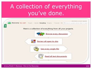 A collection of everything
you’ve done.
@2014 Nimfa V. Maniscan - How to Use Basecamp 100
 