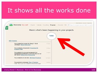It shows all the works done
@2014 Nimfa V. Maniscan - How to Use Basecamp 106
 
