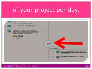 of your project per day.
@2014 Nimfa V. Maniscan - How to Use Basecamp 107
 