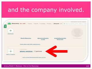 and the company involved.
@2014 Nimfa V. Maniscan - How to Use Basecamp 110
 