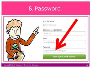 & Password.
@2014 Nimfa V. Maniscan - How to Use Basecamp 13
 