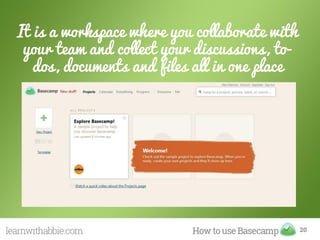 It is a workspace where you collaborate with
your team and collect your discussions, to-
dos, documents and files all in one place
20
 