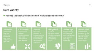 7Digicomp
Data variety
 Hadoop speichert Dateien in einem nicht-relationalen Format
 