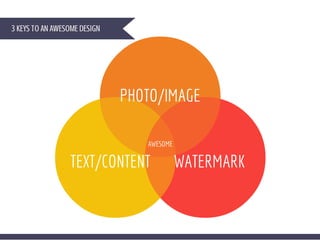 3 KEYS TO AN AWESOME DESIGN
PHOTO/IMAGE
WATERMARKTEXT/CONTENT
 