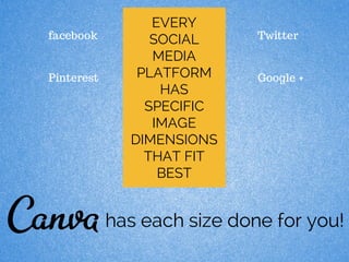 EVERY
SOCIAL
MEDIA
PLATFORM
HAS
SPECIFIC
IMAGE
DIMENSIONS
THAT FIT
BEST
has each size done for you!
facebook Twitter
Pinterest Google +
 