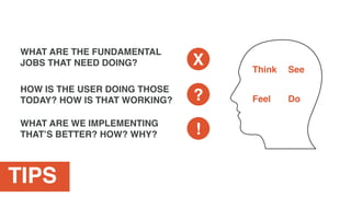 WHAT ARE THE FUNDAMENTAL
JOBS THAT NEED DOING?
HOW IS THE USER DOING THOSE
TODAY? HOW IS THAT WORKING?
WHAT ARE WE IMPLEMENTING
THAT’S BETTER? HOW? WHY?
TIPS
X
?
!
See
Feel Do
Think
 