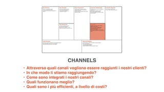 • Attraverso quali canali vogliono essere raggiunti i nostri clienti?
• In che modo li stiamo raggiungendo?
• Come sono integrati i nostri canali?
• Quali funzionano meglio?
• Quali sono i più efﬁcienti, a livello di costi?
CHANNELS
 