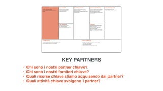 • Chi sono i nostri partner chiave?
• Chi sono i nostri fornitori chiave?
• Quali risorse chiave stiamo acquisendo dai partner?
• Quali attività chiave svolgono i partner?
KEY PARTNERS
 