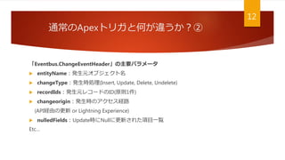 通常のApexトリガと何が違うか？②
12
「Eventbus.ChangeEventHeader」の主要パラメータ
 entityName：発生元オブジェクト名
 changeType：発生時処理(Insert, Update, Delete, Undelete)
 recordIds：発生元レコードのID(原則1件)
 changeorigin：発生時のアクセス経路
(API経由の更新 or Lightning Experience)
 nulledFields：Update時にNullに更新された項目一覧
Etc…
 