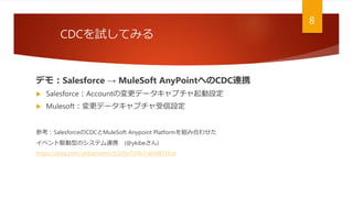 CDCを試してみる
8
デモ：Salesforce → MuleSoft AnyPointへのCDC連携
 Salesforce：Accountの変更データキャプチャ起動設定
 Mulesoft：変更データキャプチャ受信設定
参考：SalesforceのCDCとMuleSoft Anypoint Platformを組み合わせた
イベント駆動型のシステム連携 (@ykibeさん)
https://qiita.com/ykibe/items/52d5e724b7ceb9831fcd
 