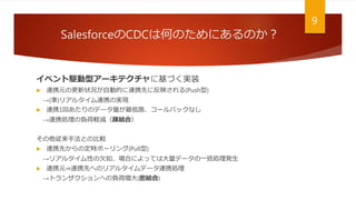 SalesforceのCDCは何のためにあるのか？
9
イベント駆動型アーキテクチャに基づく実装
 連携元の更新状況が自動的に連携先に反映される(Push型)
→(準)リアルタイム連携の実現
 連携1回あたりのデータ量が最低限、コールバックなし
→連携処理の負荷軽減（疎結合）
その他従来手法との比較
 連携先からの定時ポーリング(Pull型)
→リアルタイム性の欠如、場合によっては大量データの一括処理発生
 連携元⇒連携先へのリアルタイムデータ連携処理
→トランザクションへの負荷増大(密結合)
 