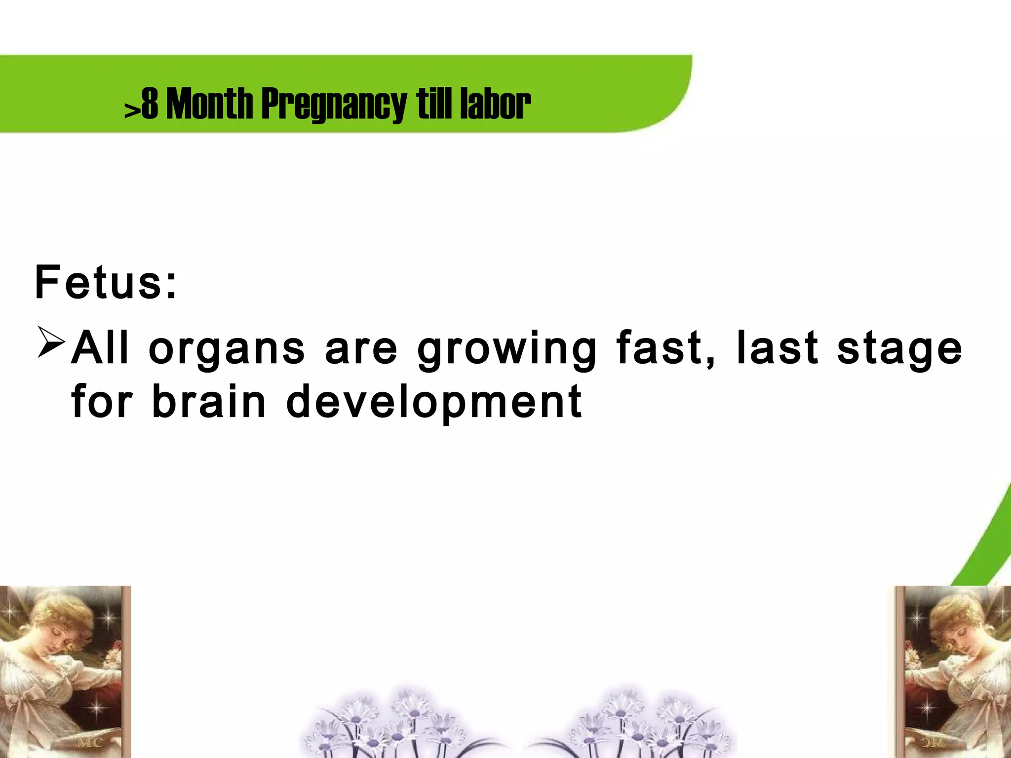 >8 Month Pregnancy till labor


Fetus:
 All organs are growing fast, last stage
  for brain development
 