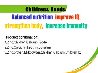 Children& Needs:
   Balanced nutrition ,improve IQ,
strengthen body, increase immunity
 Product combination:
1.Zinc,Children Calcium, So-fei
2.Zinc,Calcium+Lecithin,Spirulina
3.Zinc,protein/Milkpowder,Children Calcium,Children IQ
 
