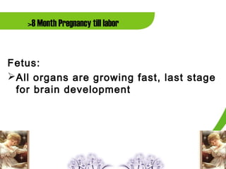 >8 Month Pregnancy till labor


Fetus:
 All organs are growing fast, last stage
  for brain development
 