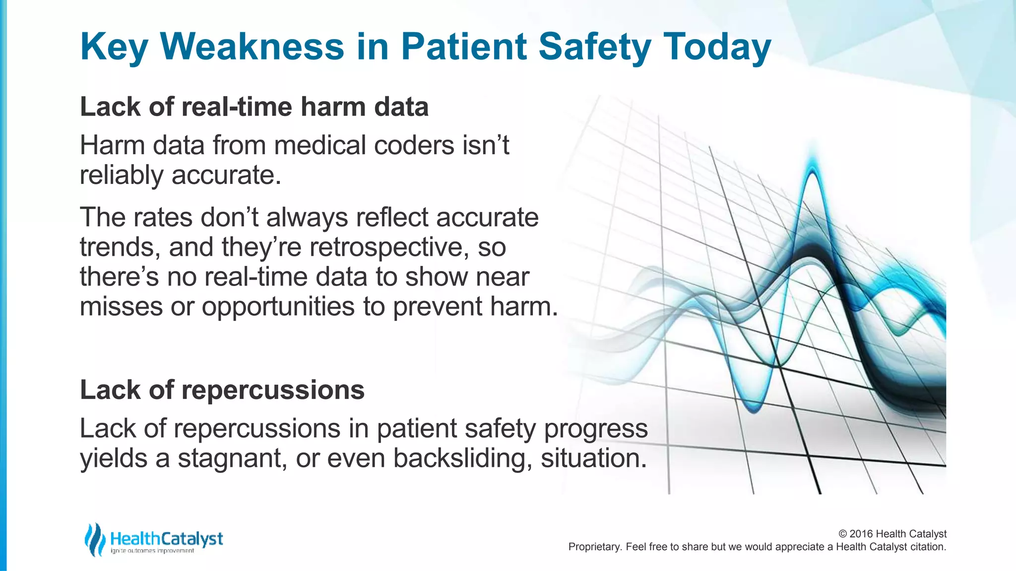 © 2016 Health Catalyst
Proprietary. Feel free to share but we would appreciate a Health Catalyst citation.
Key Weakness in Patient Safety Today
Lack of real-time harm data
Harm data from medical coders isn’t
reliably accurate.
The rates don’t always reflect accurate
trends, and they’re retrospective, so
there’s no real-time data to show near
misses or opportunities to prevent harm.
Lack of repercussions
Lack of repercussions in patient safety progress
yields a stagnant, or even backsliding, situation.
 