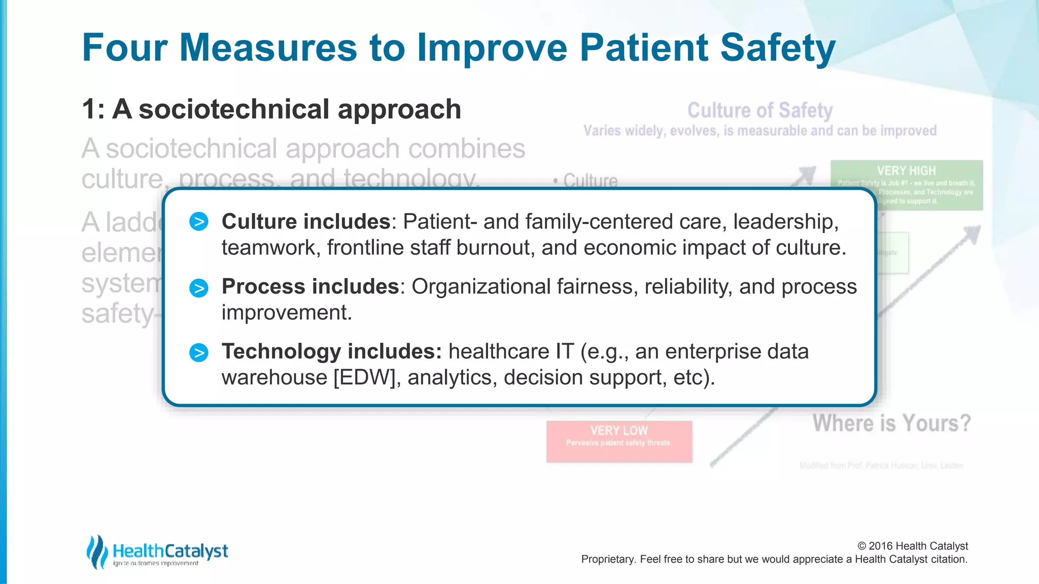 © 2016 Health Catalyst
Proprietary. Feel free to share but we would appreciate a Health Catalyst citation.
Four Measures to Improve Patient Safety
1: A sociotechnical approach
A sociotechnical approach combines
culture, process, and technology.
A laddered score can measure these
elements to show how well a health
system is doing in a culture of
safety—from very low to very high.
Culture includes: Patient- and family-centered care, leadership,
teamwork, frontline staff burnout, and economic impact of culture.
Process includes: Organizational fairness, reliability, and process
improvement.
Technology includes: healthcare IT (e.g., an enterprise data
warehouse [EDW], analytics, decision support, etc).
>
>
>
 