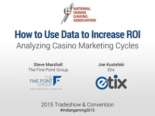 How to Use Data to Increase ROI
Analyzing Casino Marketing Cycles
2015 Tradeshow & Convention
#indiangaming2015
Joe Kustelski
Etix
Steve Marshall
The Fine Point Group
 