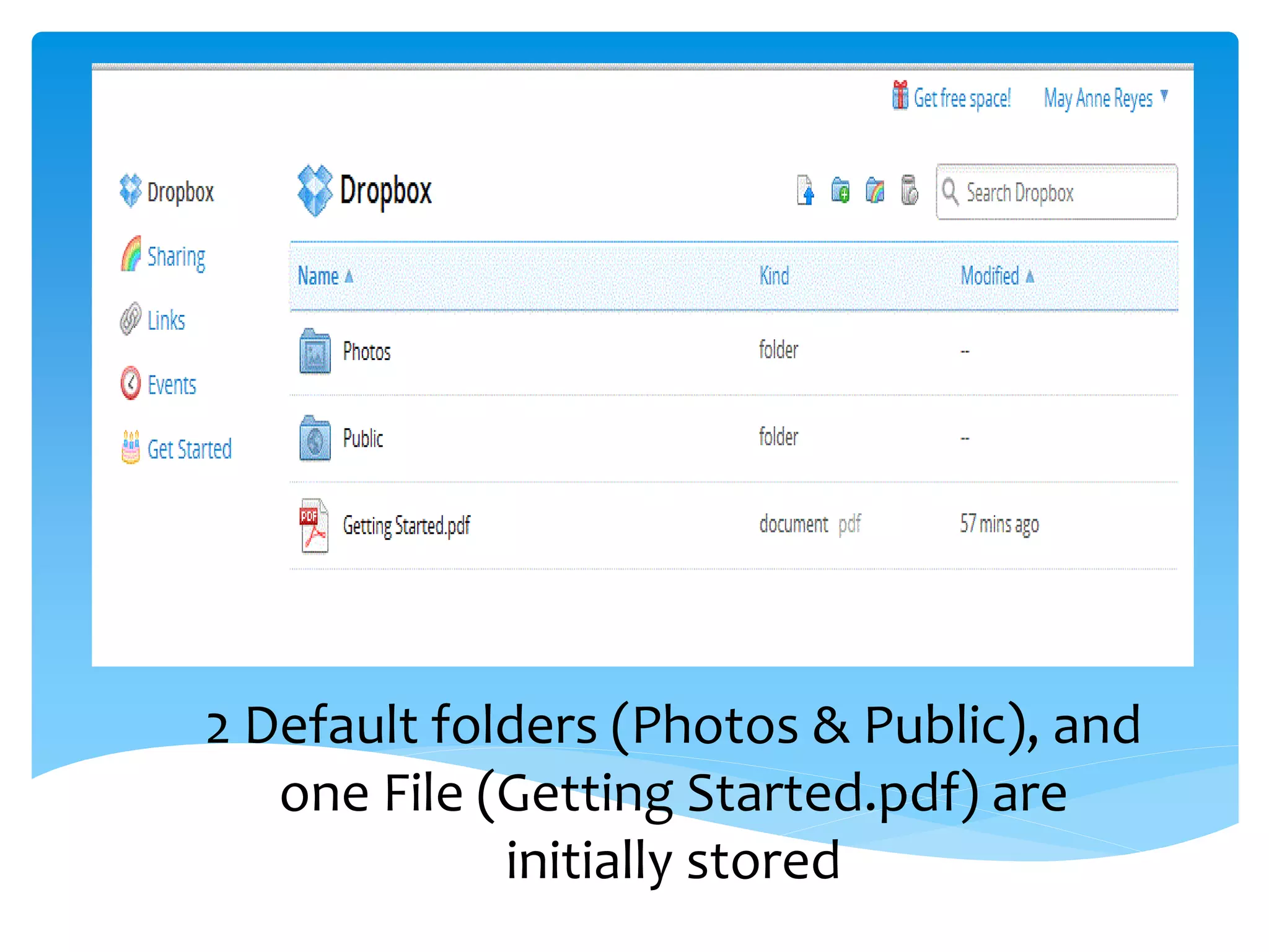 2 Default folders (Photos & Public), and
   one File (Getting Started.pdf) are
             initially stored
 