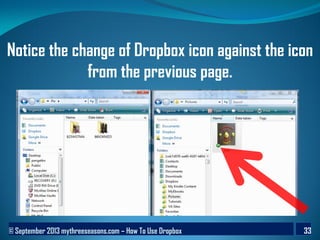 © September 2013 mythreeseasons.com – How To Use Dropbox 33
Notice the change of Dropbox icon against the icon
from the previous page.
 