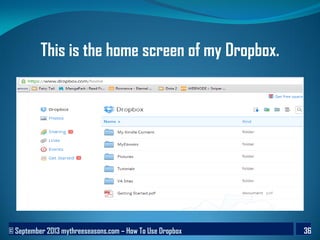 © September 2013 mythreeseasons.com – How To Use Dropbox 36
This is the home screen of my Dropbox.
 