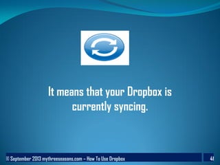 © September 2013 mythreeseasons.com – How To Use Dropbox 41
It means that your Dropbox is
currently syncing.
 