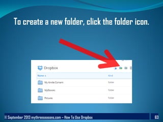 © September 2013 mythreeseasons.com – How To Use Dropbox 63
To create a new folder, click the folder icon.
 