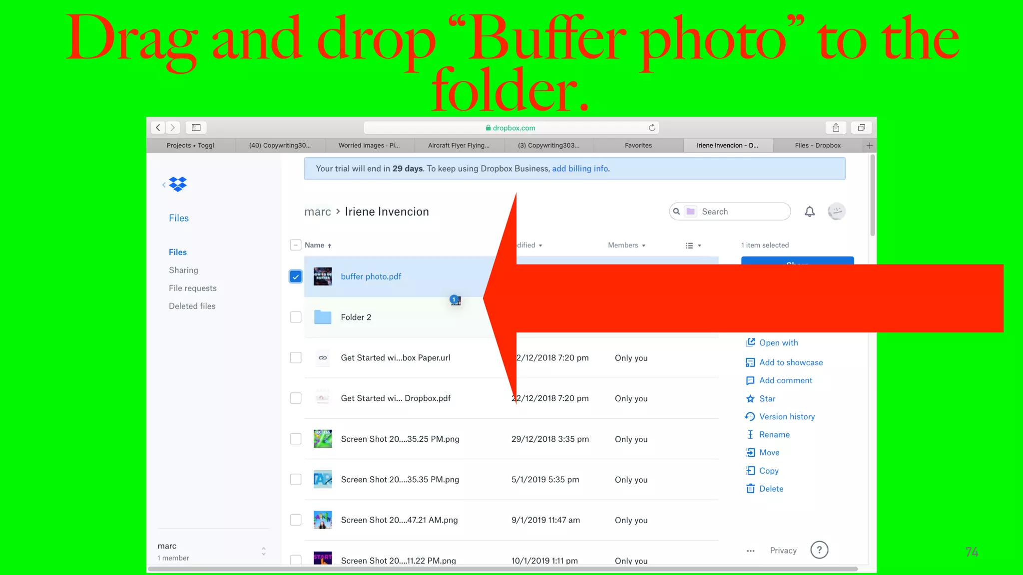 Drag and drop “Buﬀer photo” to the
folder.
74
 