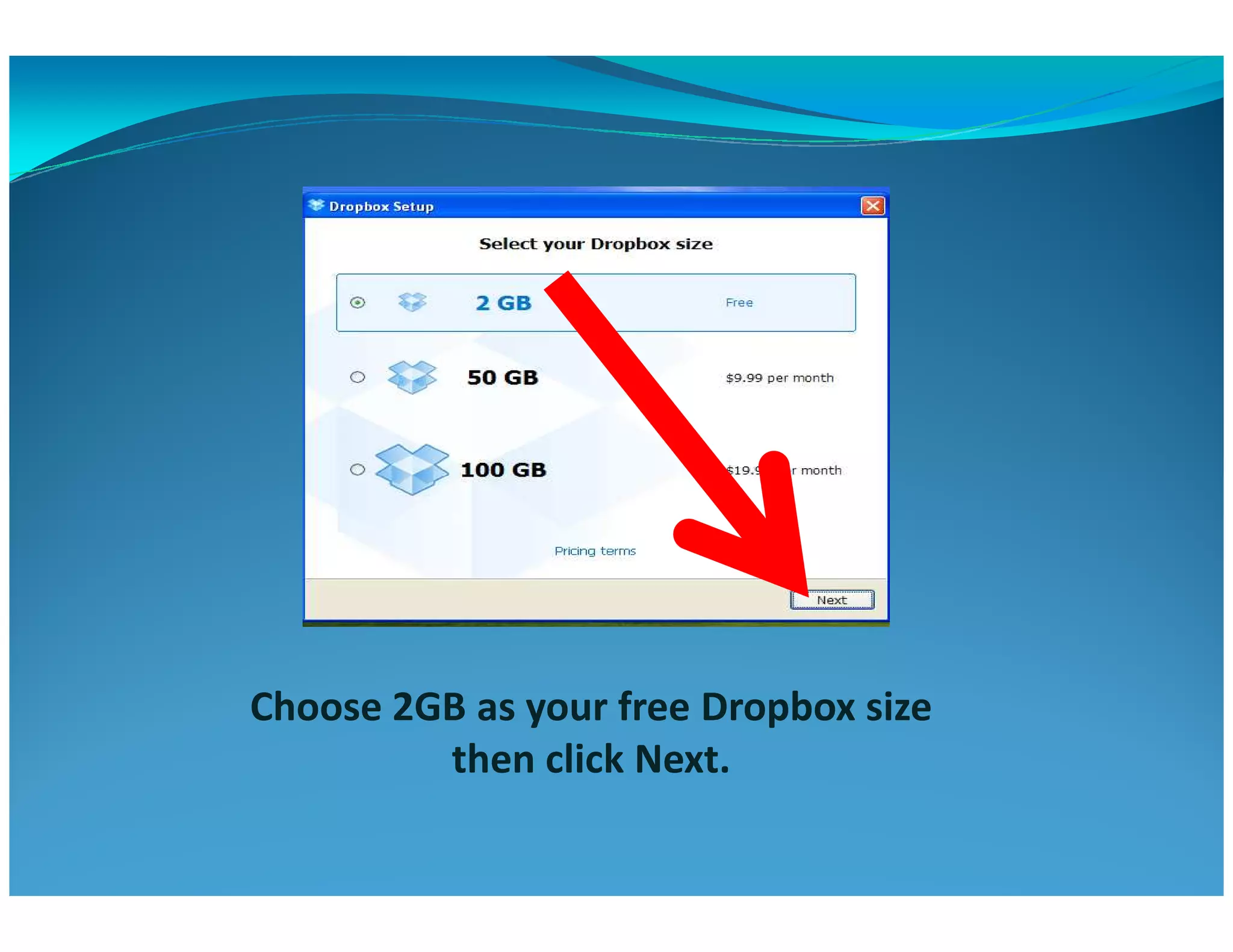 Choose 2GB as your free Dropbox size
then click Next.