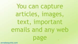 You can capture
articles, images,
text, important
emails and any web
page 80
annaleequinto.com
 