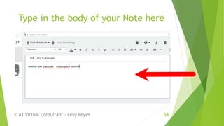 Type in the body of your Note here
© A1 Virtual Consultant - Levy Reyes 64
 