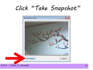 2015 – Eileen B. Gonzales 66
Click “Take Snapshot”
2015 – Eileen B. Gonzales 66
 