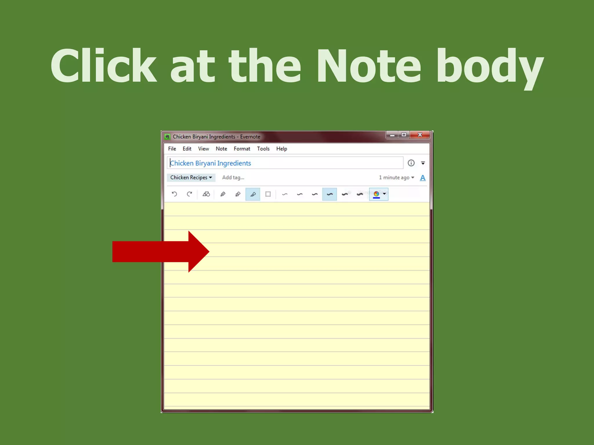 Click at the Note body
 