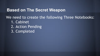 Based on The Secret Weapon
We need to create the following Three Notebooks:
1. Cabinet
2. Action Pending
3. Completed
 