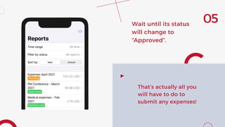 Wait until its status
will change to
“Approved”.
05
That’s actually all you
will have to do to
submit any expenses!
 