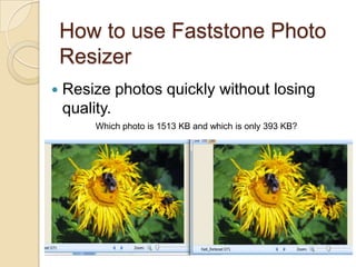 How to use Faststone Photo
    Resizer
   Resize photos quickly without losing
    quality.
        Which photo is 1513 KB and which is only 393 KB?
 
