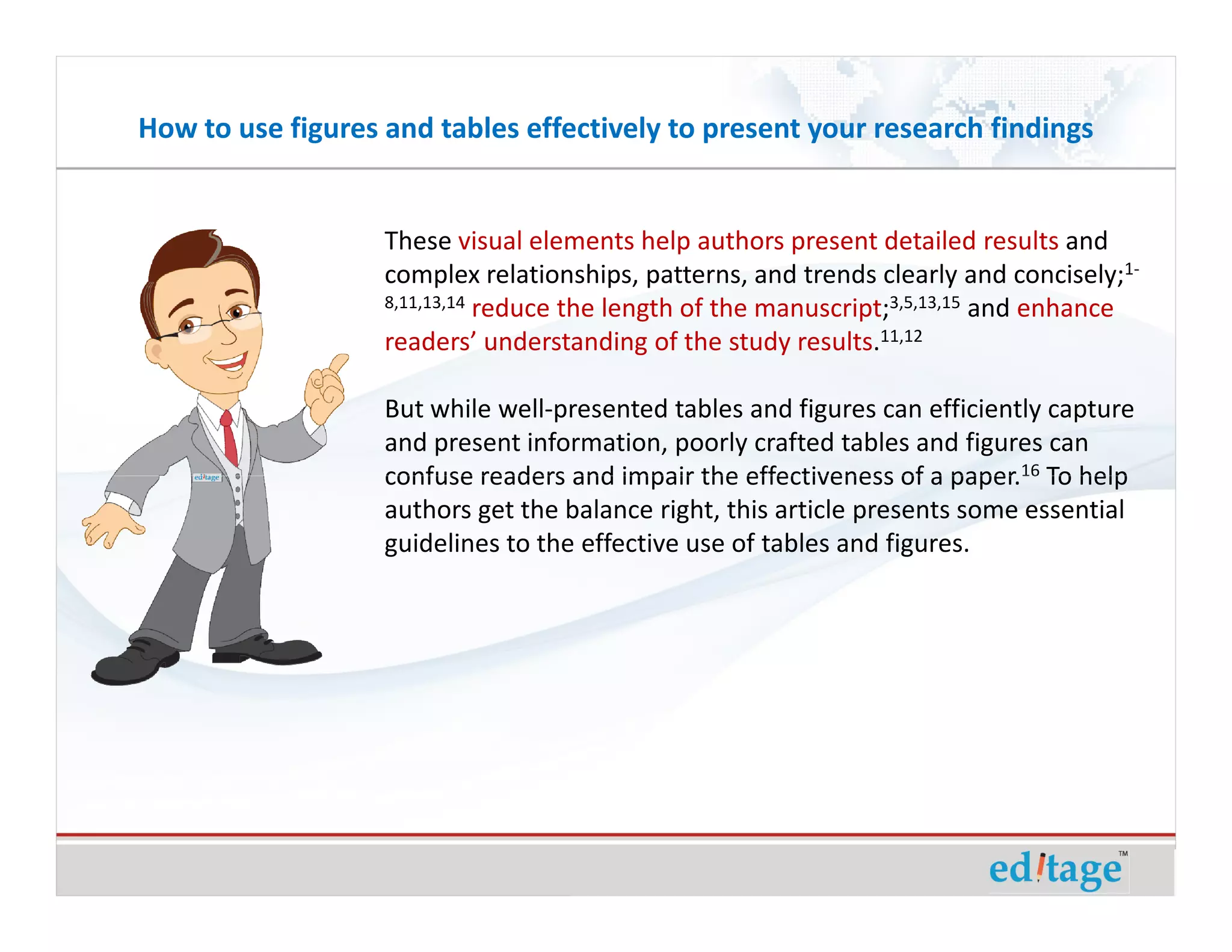 How to use figures and tables effectively to present your research findings


                   These visual elements help authors present detailed results and
                   complex relationships, patterns, and trends clearly and concisely;1-
                   8,11,13,14 reduce the length of the manuscript;3,5,13,15 and enhance

                   readers’ understanding of the study results.11,12

                   But while well-presented tables and figures can efficiently capture
                   and present information, poorly crafted tables and figures can
                   confuse readers and impair the effectiveness of a paper.16 To help
                   authors get the balance right, this article presents some essential
                   guidelines to the effective use of tables and figures.
 